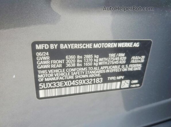 5UX33EX04S9X32183 2025 BMW X6 Gray Vista de la etiqueta del VIN