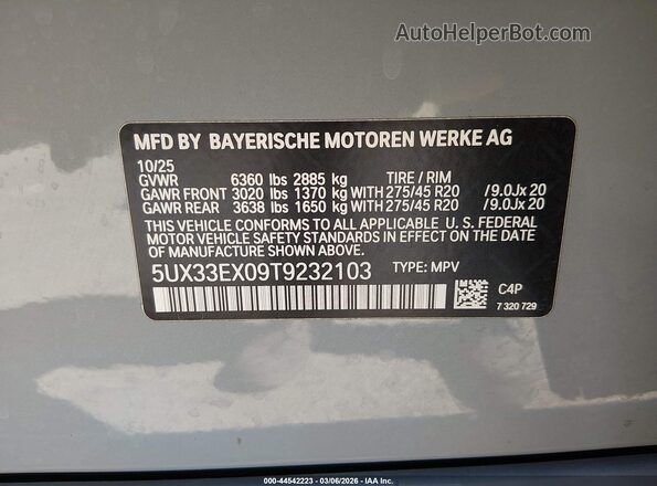 5UX33EX09T9232103 2026 BMW X6 Серый Вид подкапотного пространства