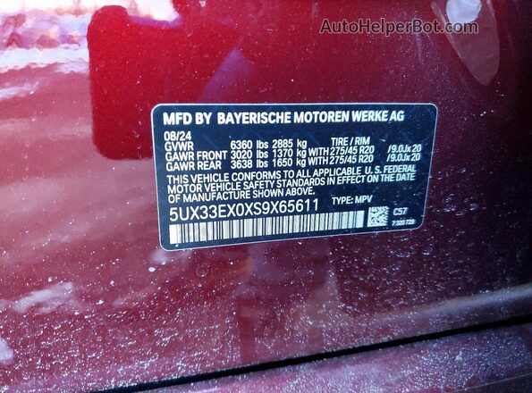 5UX33EX0XS9X65611 2025 BMW X6 Maroon Widok naklejki z numerem VIN