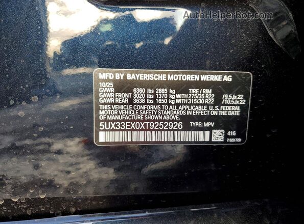 5UX33EX0XT9252926 2026 BMW X6 Black Вид підкапотного простору