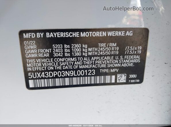 5UX43DP03N9L00123 2022 BMW X3 White Вид підкапотного простору