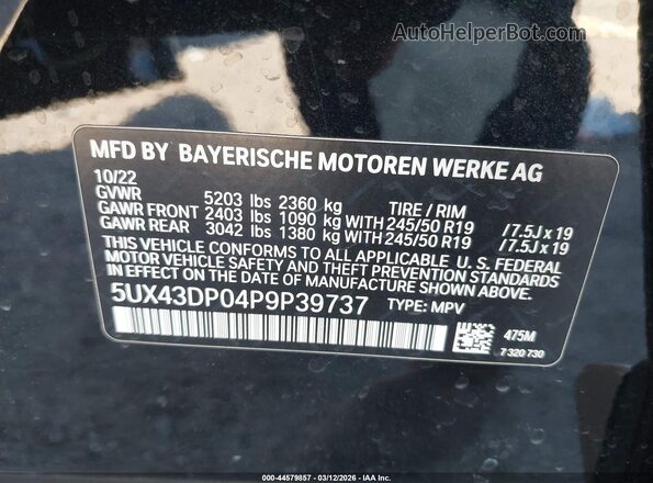 5UX43DP04P9P39737 2023 BMW X3 Black 