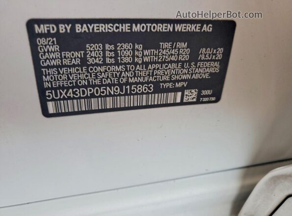 5UX43DP05N9J15863 2022 BMW X3 White Սալոնի 360 աստիճան տեսք