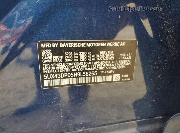 5UX43DP05N9L58265 2022 BMW X3 Blue ძრავის განყოფილების ხედი