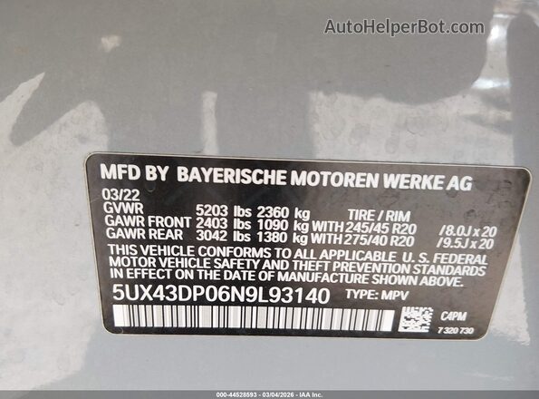 5UX43DP06N9L93140 2022 BMW X3 Gray 