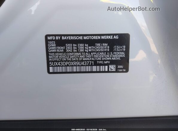 5UX43DP0XR9U43771 2024 BMW X3 White Вид підкапотного простору