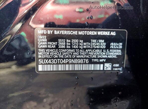 5UX43DT04P9N89876 2023 BMW X4 Blue Вид наклейки з VIN-кодом