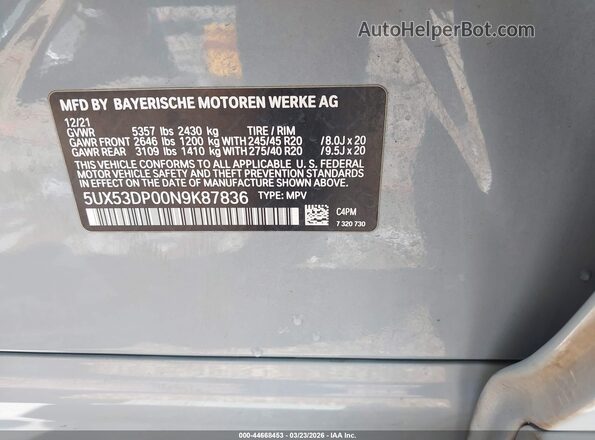 5UX53DP00N9K87836 2022 BMW X3 Gray 