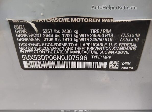 5UX53DP06N9J07596 2022 BMW X3 Серый Вид подкапотного пространства