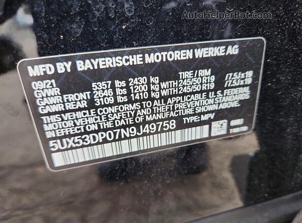 5UX53DP07N9J49758 2022 BMW X3 Black 