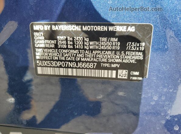 5UX53DP07N9J66687 2022 BMW X3 Blue ძრავის განყოფილების ხედი