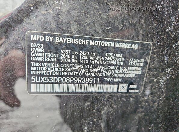 5UX53DP08P9R38911 2023 BMW X3 Black VIN კოდის სტიკერის ხედი