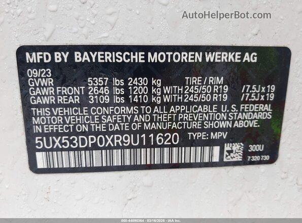 5UX53DP0XR9U11620 2024 BMW X3 White Вид підкапотного простору