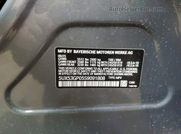5UX53GP05S9091808 2025 BMW X3 Silver VIN կոդի պիտակի տեսք