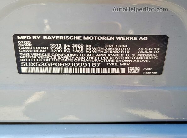 5UX53GP06S9099187 2025 BMW X3 Gray VIN կոդի պիտակի տեսք