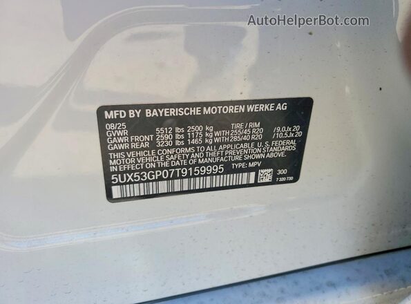 5UX53GP07T9159995 2026 BMW X3 White VIN კოდის სტიკერის ხედი