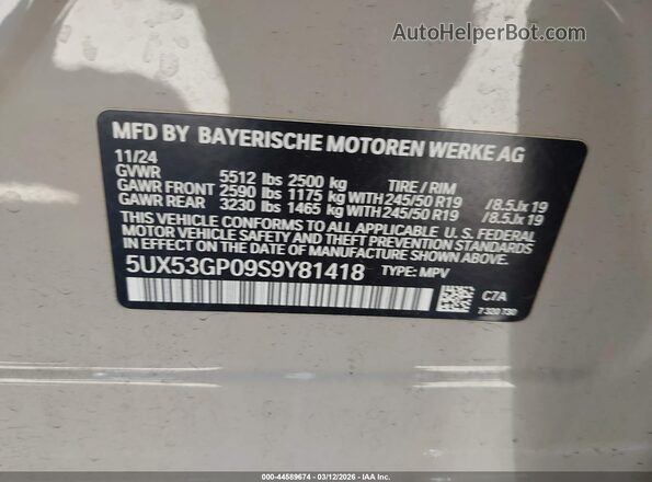 5UX53GP09S9Y81418 2025 BMW X3 Cream ძრავის განყოფილების ხედი