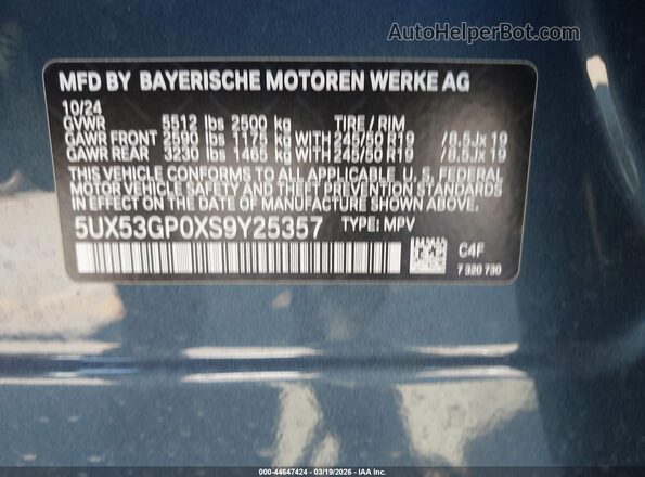 5UX53GP0XS9Y25357 2025 BMW X3 Blue Շարժիչի բաժամունքի տեսք