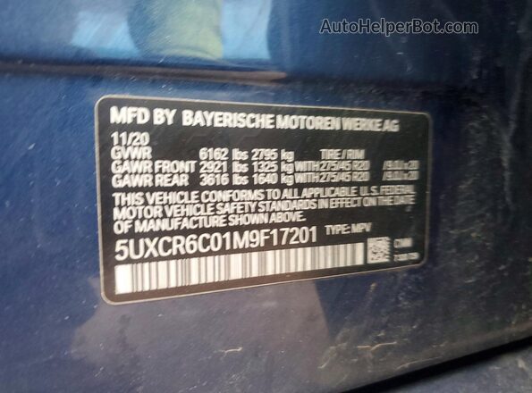 5UXCR6C01M9F17201 2021 BMW X5 Blue Вид наклейки з VIN-кодом