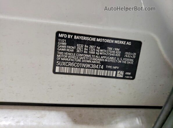 5UXCR6C01N9K38474 2022 BMW X5 White Widok naklejki z numerem VIN