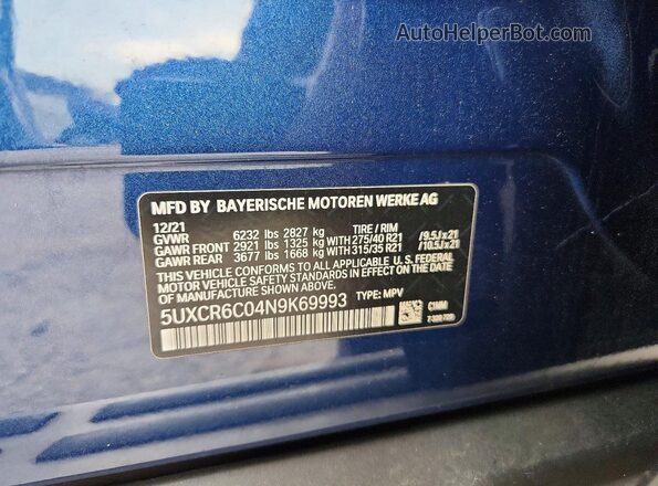5UXCR6C04N9K69993 2022 BMW X5 Blue Widok komory silnika