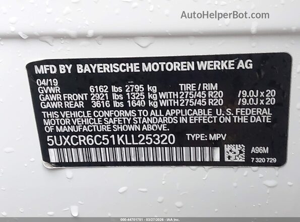 5UXCR6C51KLL25320 2019 BMW X5 White Engine compartment view