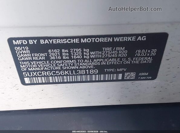 5UXCR6C56KLL38189 2019 BMW X5 White Вид підкапотного простору