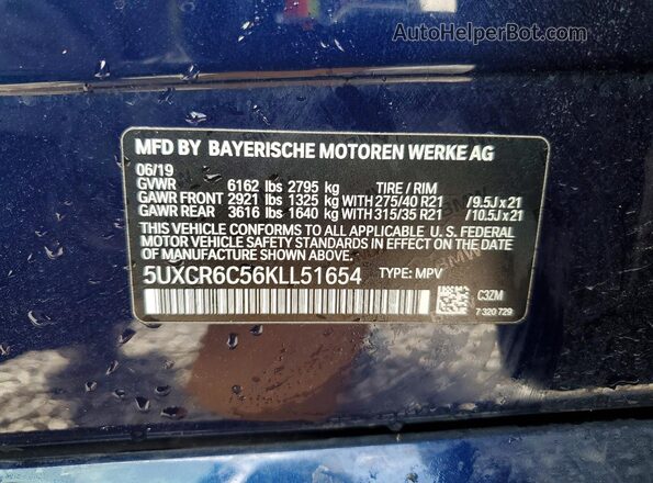 5UXCR6C56KLL51654 2019 BMW X5 Blue 