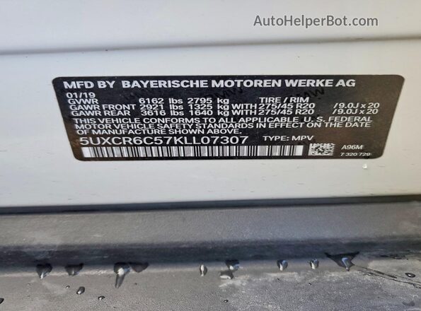 5UXCR6C57KLL07307 2019 BMW X5 Белый 