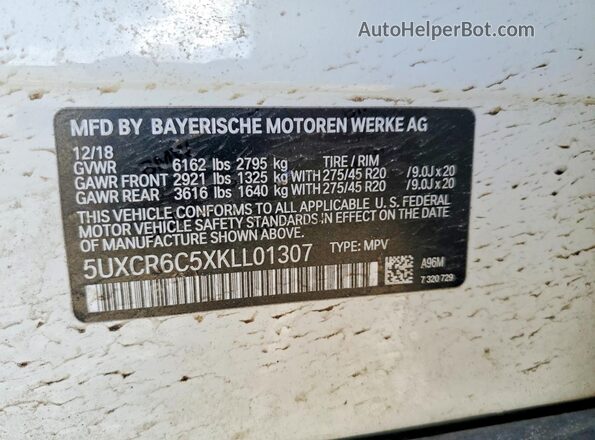 5UXCR6C5XKLL01307 2019 BMW X5 White 