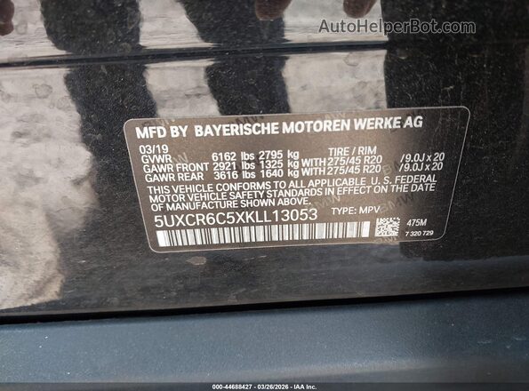 5UXCR6C5XKLL13053 2019 BMW X5 Black Engine compartment view