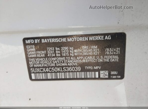 5UXCX4C50KLS36039 2019 BMW X7 White Շարժիչի բաժամունքի տեսք