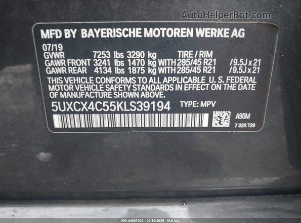 5UXCX4C55KLS39194 2019 BMW X7 Black 