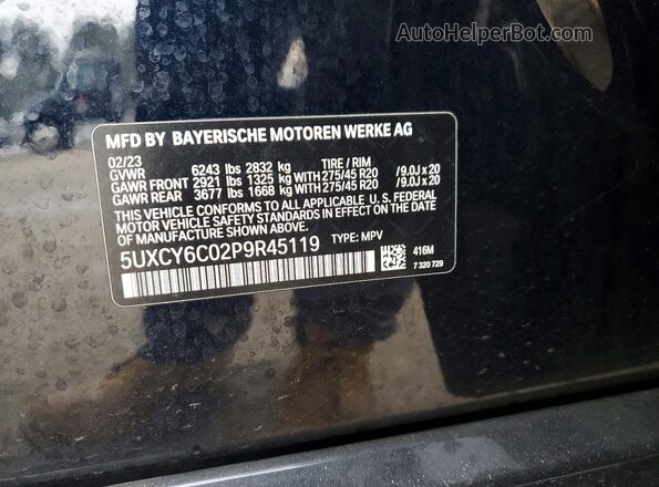 5UXCY6C02P9R45119 2023 BMW X6 Black Widok naklejki z numerem VIN
