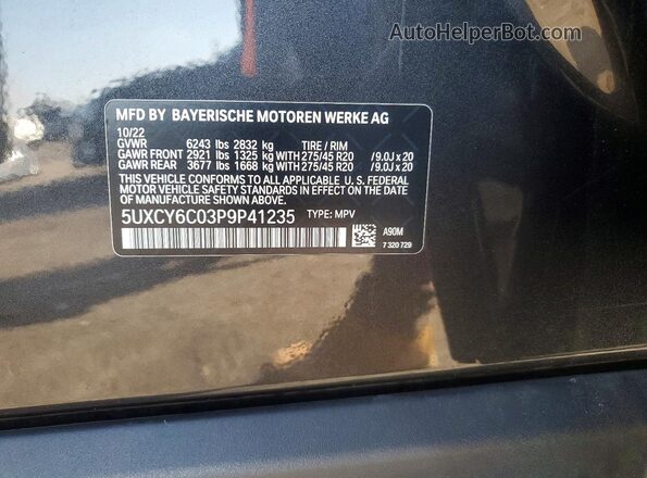 5UXCY6C03P9P41235 2023 BMW X6 Серый Вид наклейки с VIN-кодом