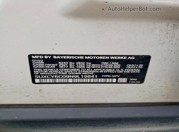 5UXCY6C09N9L19841 2022 BMW X6 White Панорамний вид салону 360°