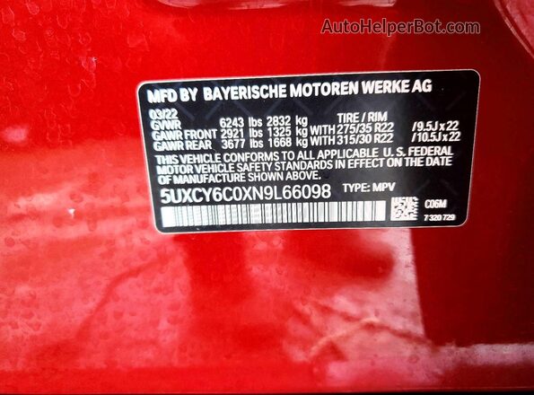 5UXCY6C0XN9L66098 2022 BMW X6 Red Vista interior de 360 grados