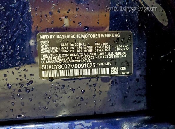 5UXCY8C02M9D91025 2021 BMW X6 Blue 