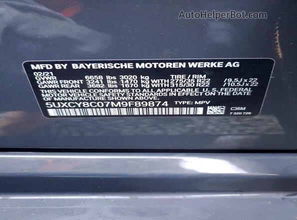 5UXCY8C07M9F89874 2021 BMW X6 Gray Widok naklejki z numerem VIN