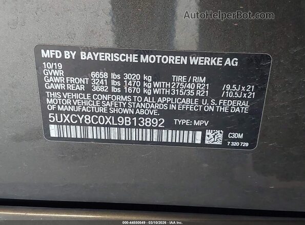 5UXCY8C0XL9B13892 2020 BMW X6 Серый 