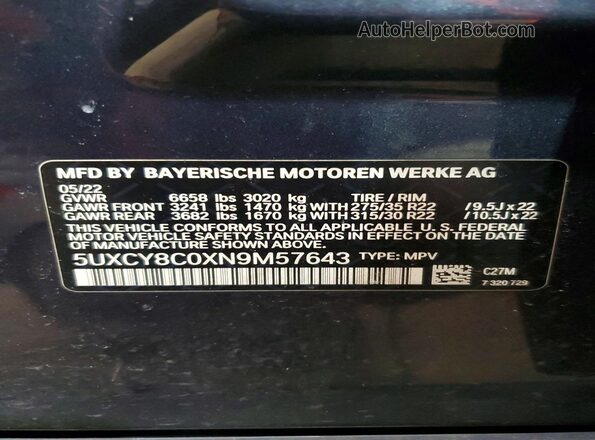 5UXCY8C0XN9M57643 2022 BMW X6 Blue Widok wnętrza 360 stopni