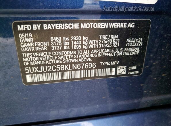 5UXJU2C58KLN67696 2019 BMW X5 Blue 