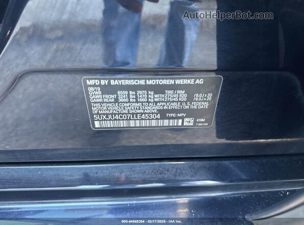 5UXJU4C07LLE45304 2020 BMW X5 Blue Widok komory silnika