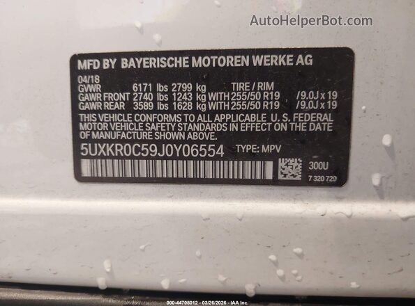5UXKR0C59J0Y06554 2018 BMW X5 White Vista del compartimento del motor