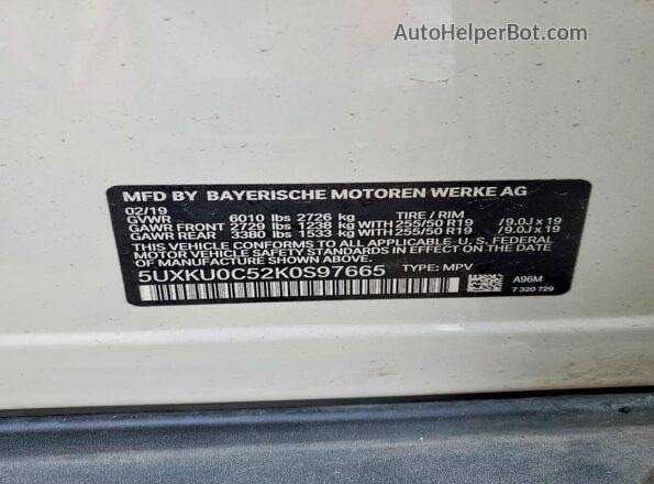 5UXKU0C52K0S97665 2019 BMW X6 White VIN კოდის სტიკერის ხედი