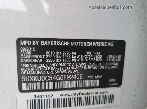 5UXKU0C54G0F92406 2016 BMW X6 White VIN კოდის სტიკერის ხედი