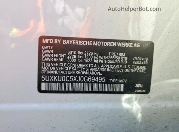 5UXKU0C5XJ0G69495 2018 BMW X6 Белый Вид наклейки с VIN-кодом