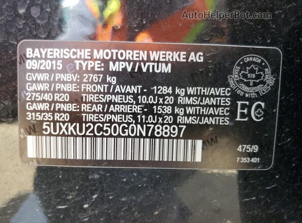 5UXKU2C50G0N78897 2016 BMW X6 Black Vista de la etiqueta del VIN