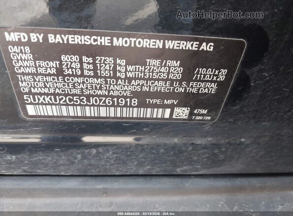5UXKU2C53J0Z61918 2018 BMW X6 Black Вид підкапотного простору