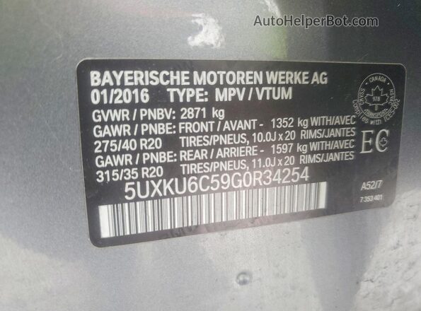 5UXKU6C59G0R34254 2016 BMW X6 Gray VIN კოდის სტიკერის ხედი